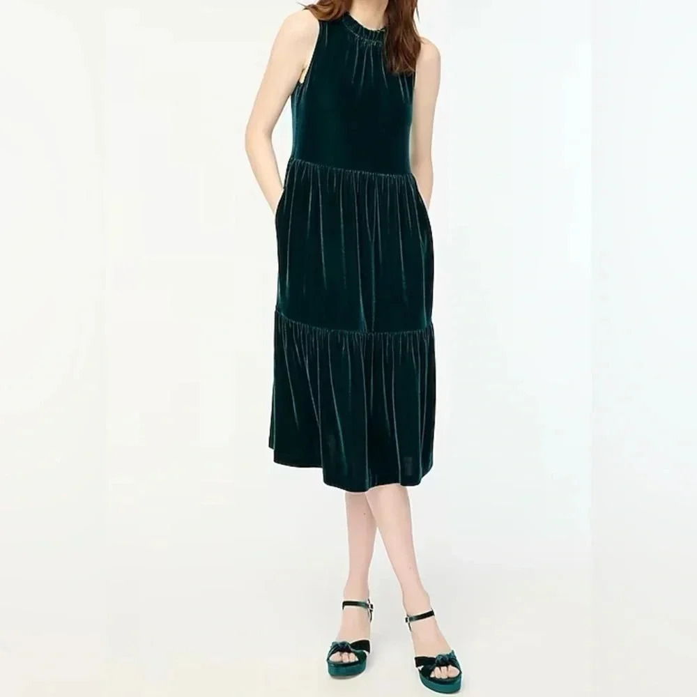 J.Crew Factory Velvet sleeveless midi dress Women’s Size 6 Color Old Forest NWT - Picture 7 of 16